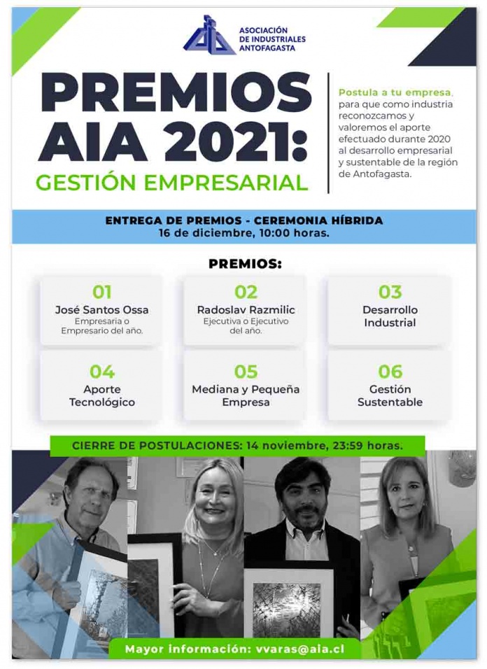 Premios AIA 2021: gremio invita a destacar trayectoria empresarial y ejecutiva al servicio del desarrollo regional