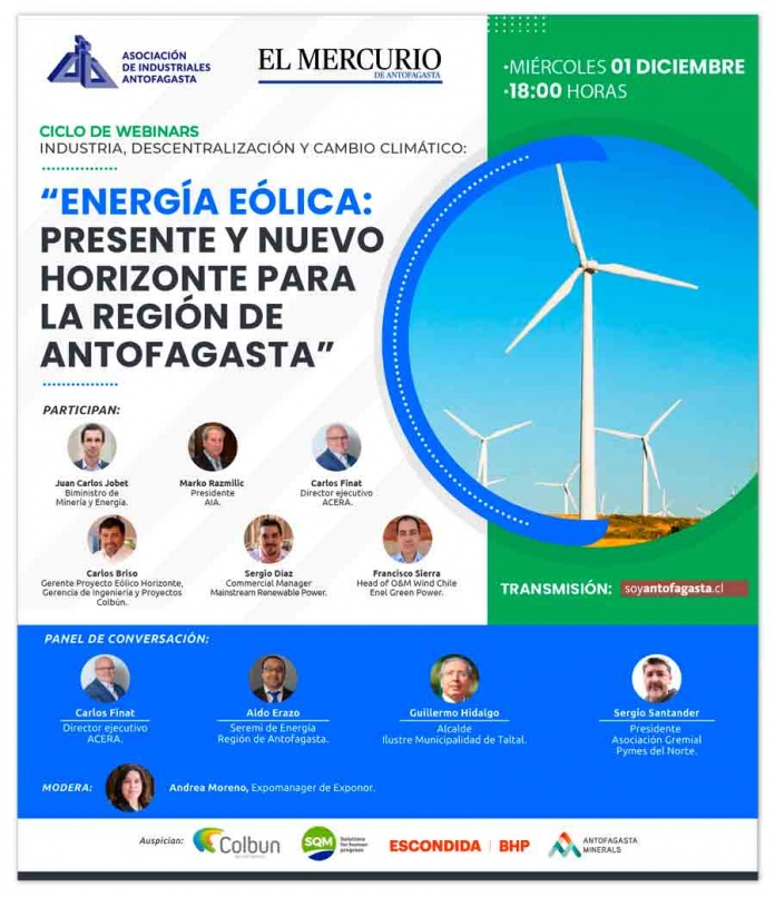 Industria, expertos y representantes de la comunidad conversarán sobre el futuro de la Energía Eólica en Webinar organizado por la AIA 