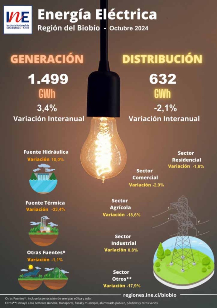 INE Biobío publica cifras de generación y distribución de energía correspondiente a octubre de 2024