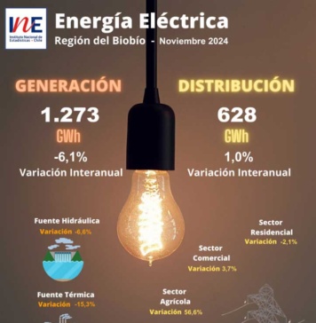INE Biobío publica cifras de generación y distribución de energía correspondiente a noviembre de 2024