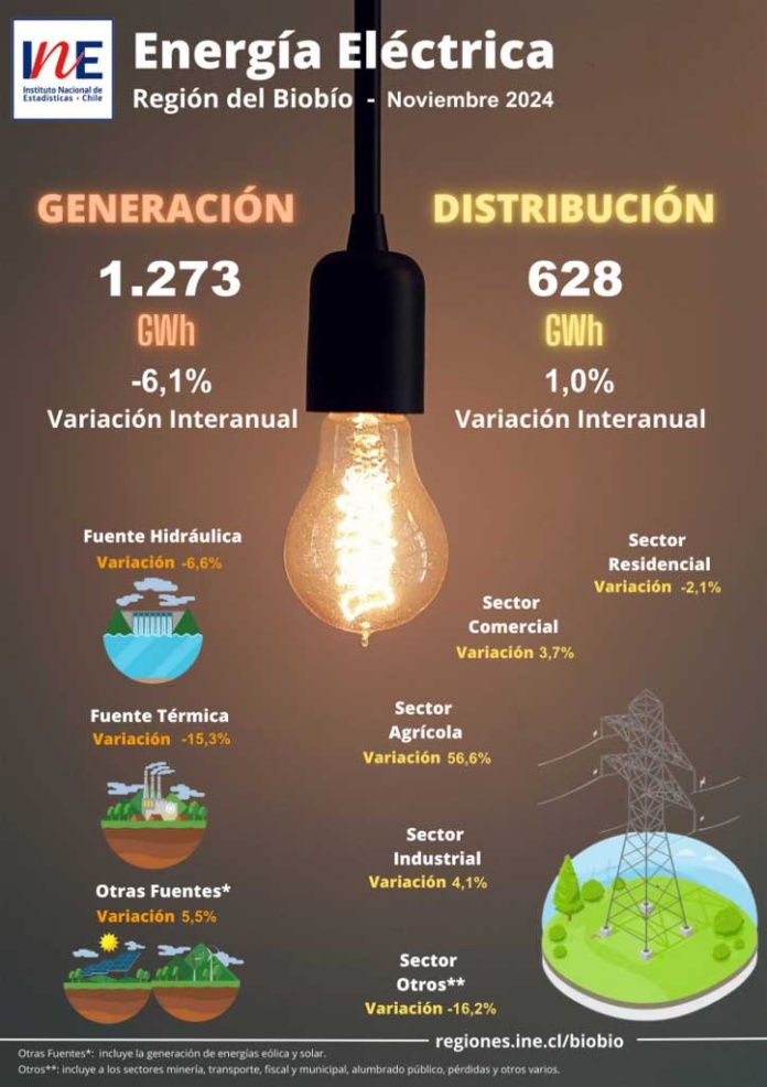 INE Biobío publica cifras de generación y distribución de energía correspondiente a noviembre de 2024