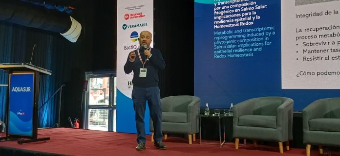 Alex Romero en AQUASUR Investigación colaborativa impulsa alternativa natural para fortalecer la salud del salmón del Atlántico