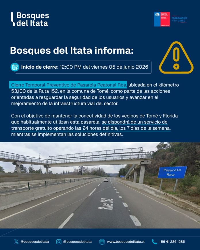 Bosques del Itata informa cierre preventivo de pasarela peatonal Roa (1) Bosques del Itata informa cierre preventivo de pasarela peatonal Roa (1)